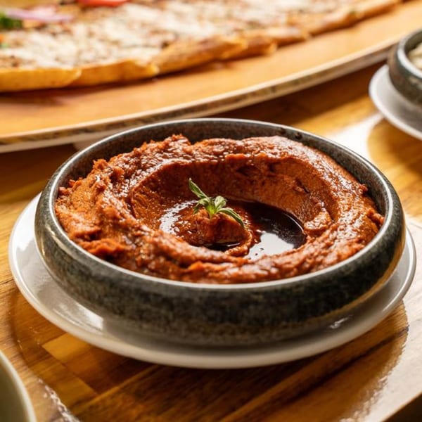 A bowl of red pepper dip, muhammara, garnished with a sprig of herb, on a wooden table.