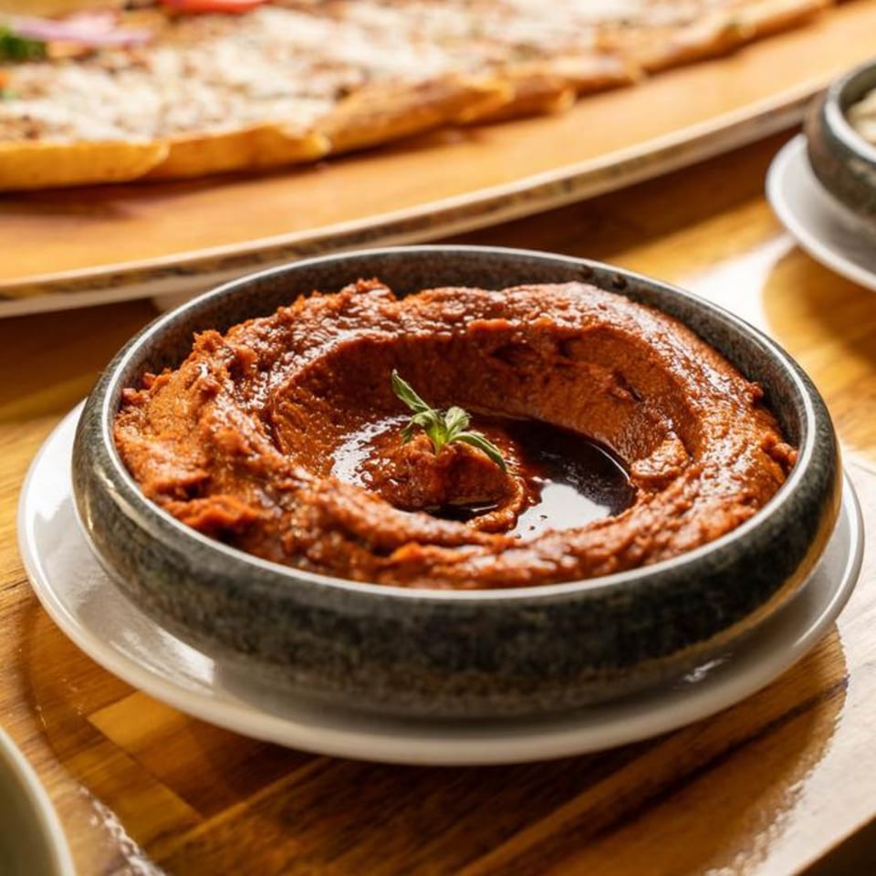 A bowl of red pepper dip, muhammara, garnished with a sprig of herb, on a wooden table.