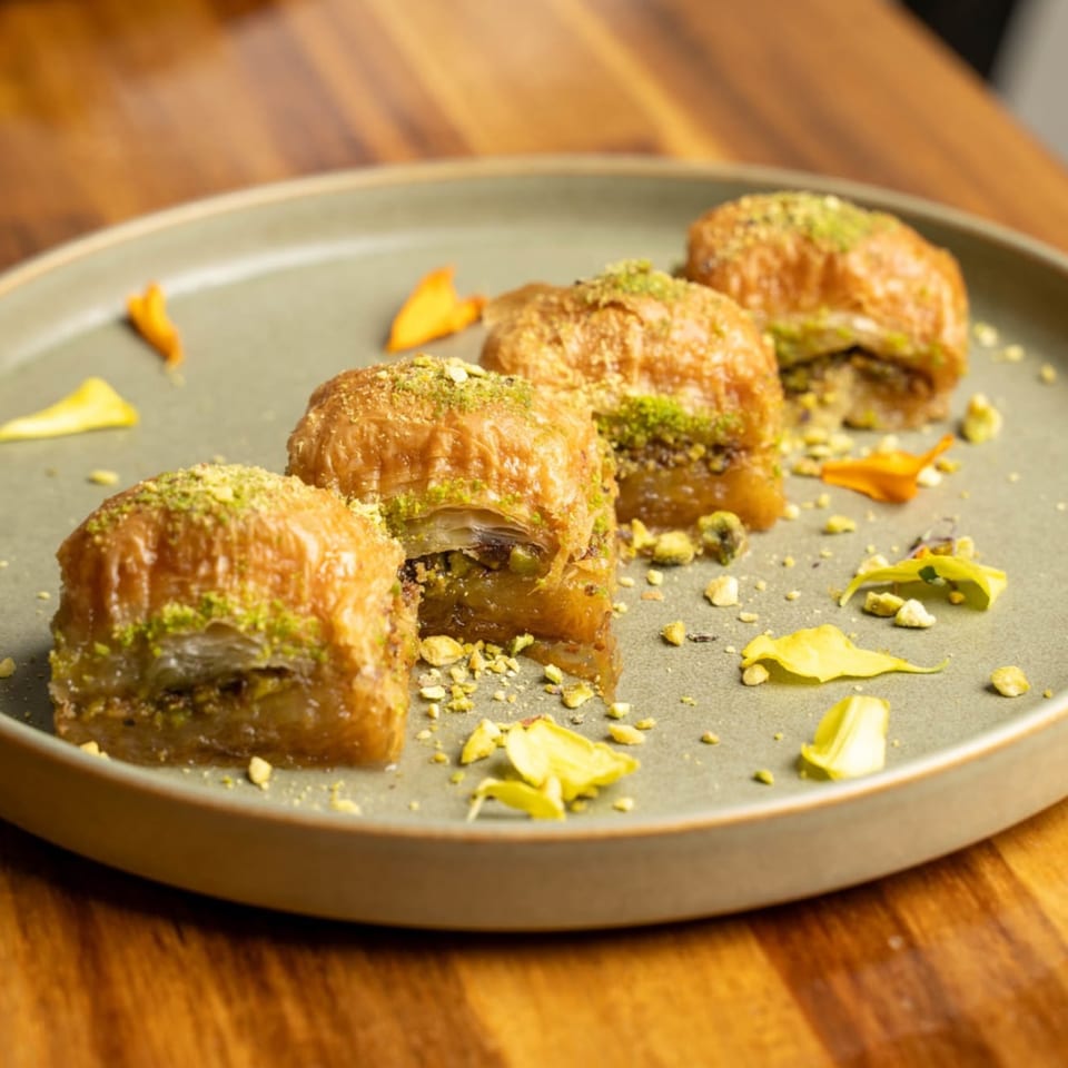 Four pieces of baklava, garnished with pistachios and flower petals, on a gray plate.